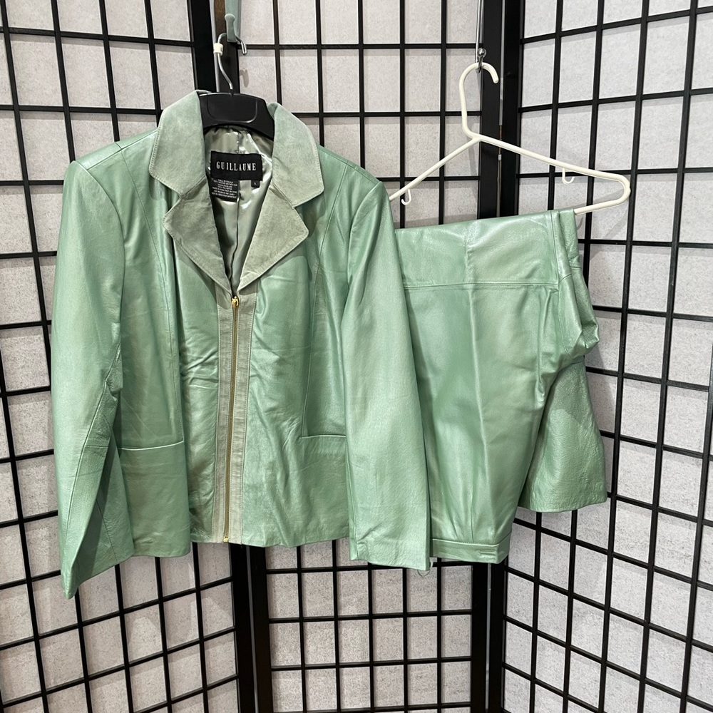 Mint Green Leather Suit, 2 pc Fully Lined by Guillaume SZ L Petite.
